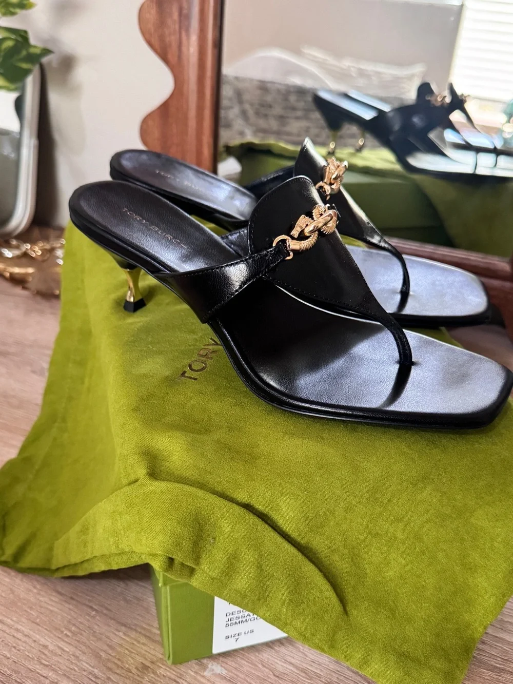 Tory Burch Black Leather Thong Mules with Gold Chain Accent